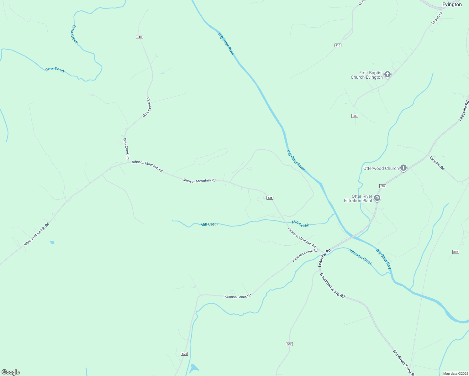 map of restaurants, bars, coffee shops, grocery stores, and more near 886 Johnson Mountain Road in Evington