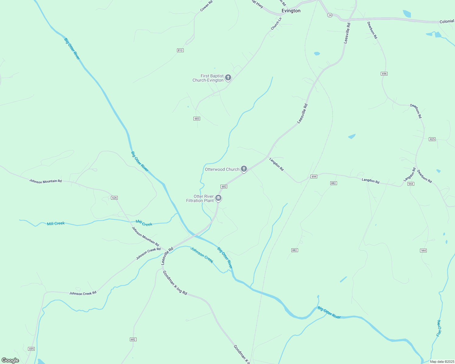 map of restaurants, bars, coffee shops, grocery stores, and more near 9830 Leesville Road in Evington