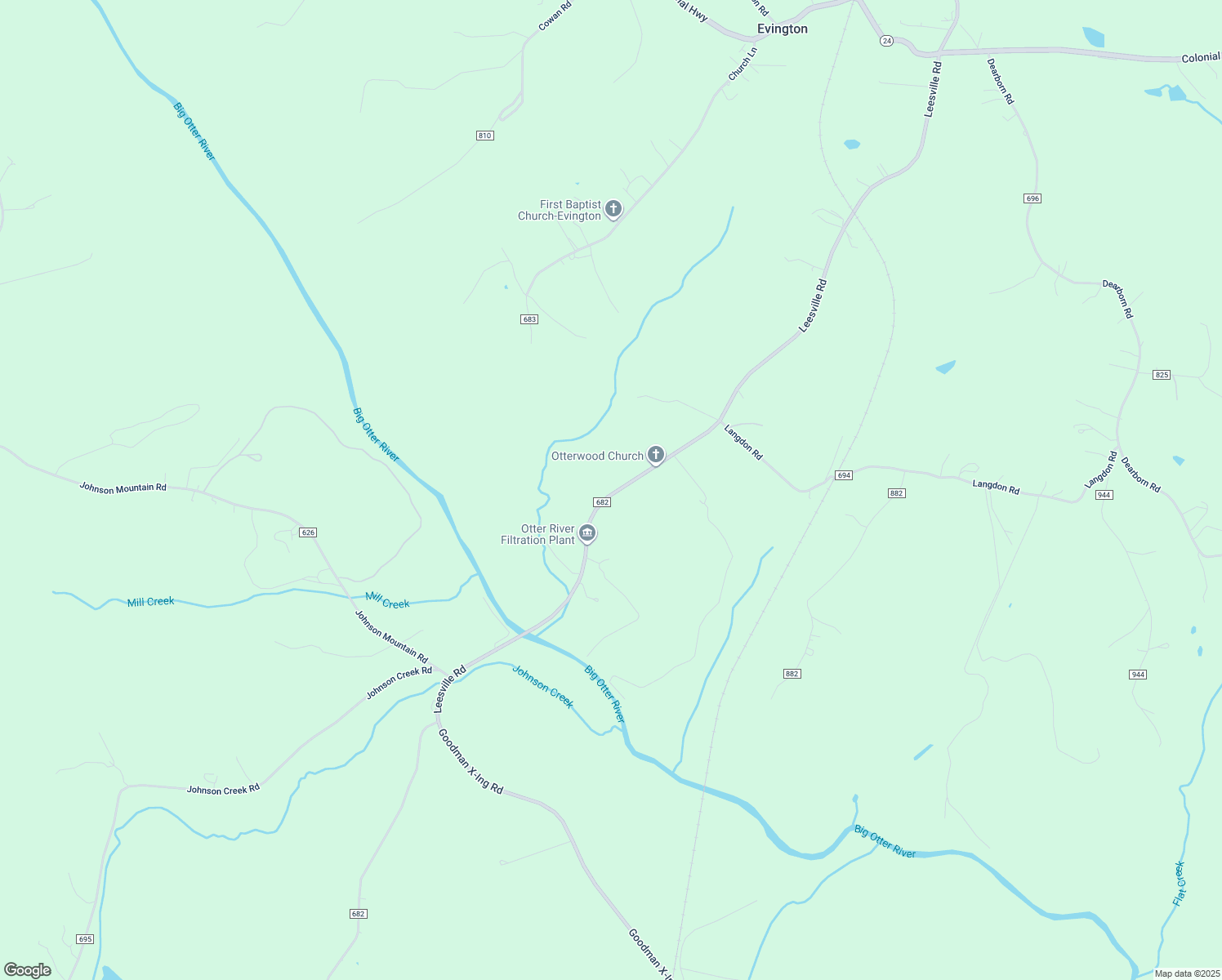 map of restaurants, bars, coffee shops, grocery stores, and more near 9830 Leesville Road in Evington