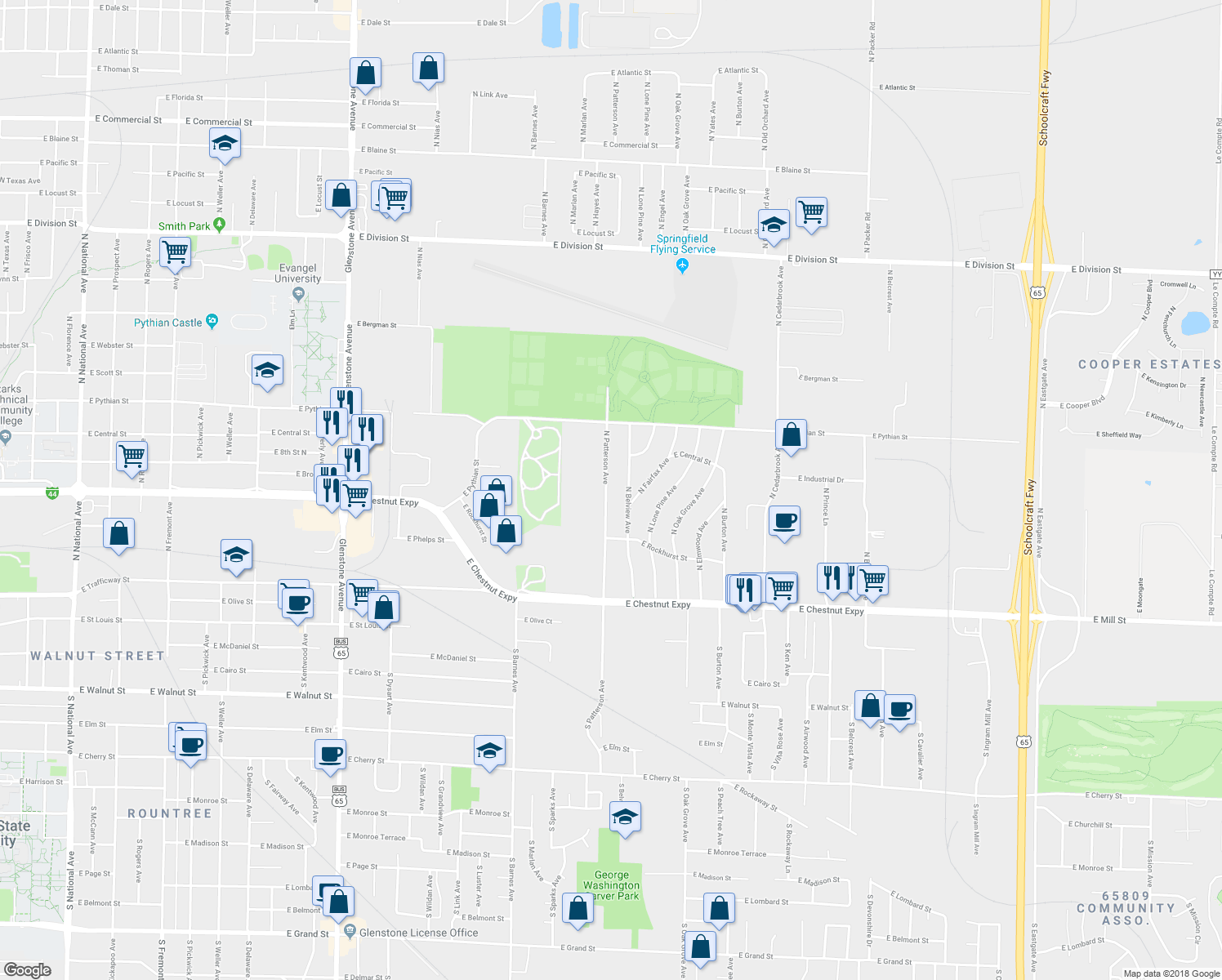 map of restaurants, bars, coffee shops, grocery stores, and more near 734 North Patterson Avenue in Springfield