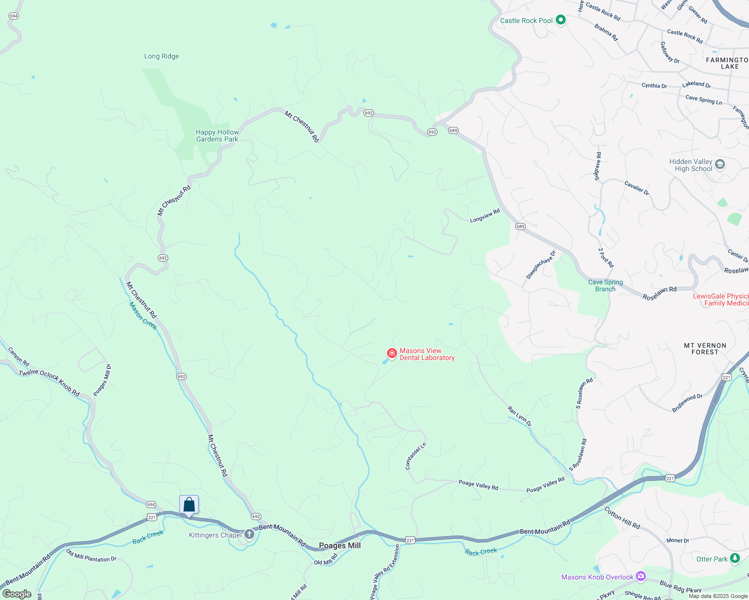 map of restaurants, bars, coffee shops, grocery stores, and more near 1526 Strawberry Mountain Dr in Roanoke