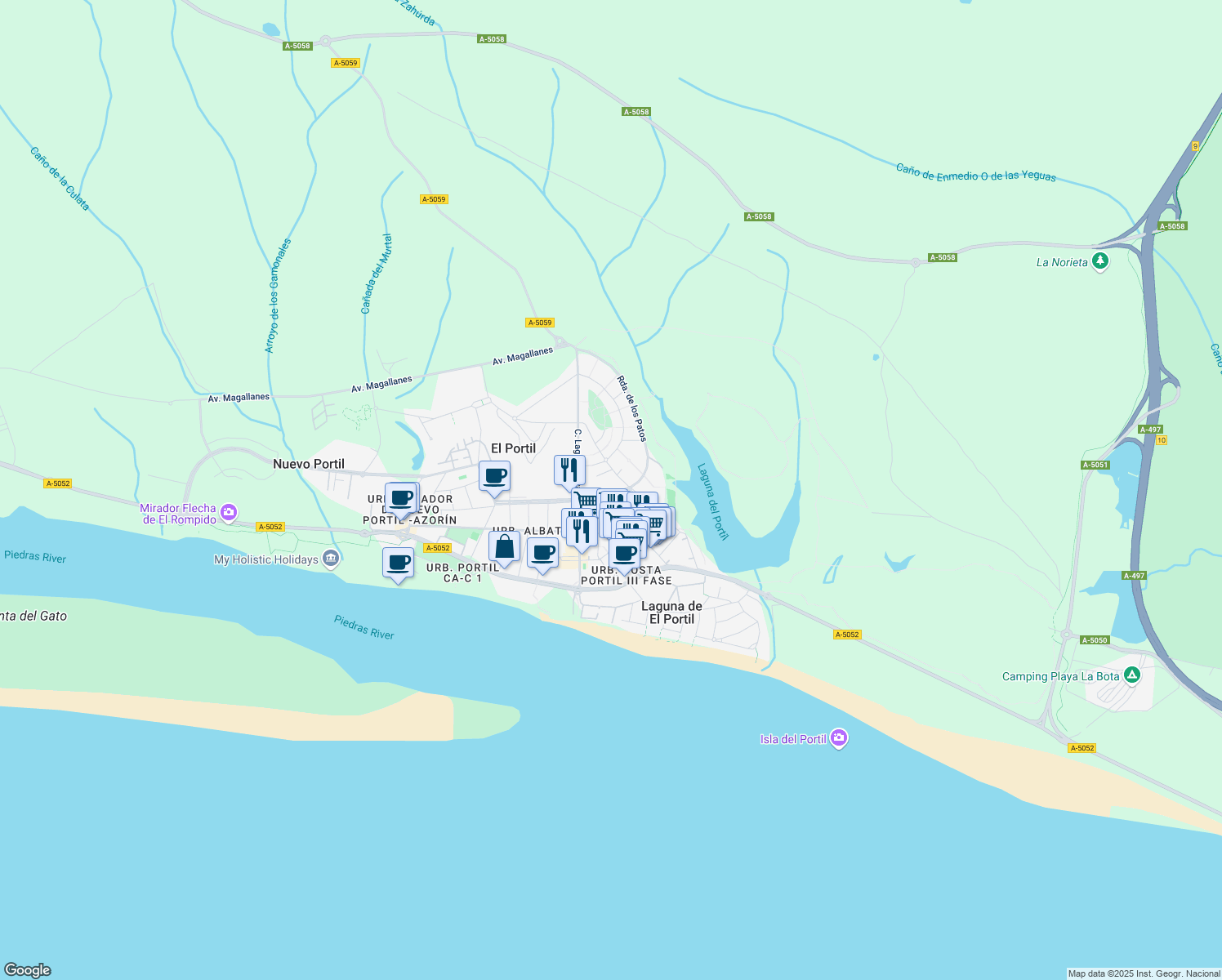 map of restaurants, bars, coffee shops, grocery stores, and more near 9 Calle Mariposa in El Portil