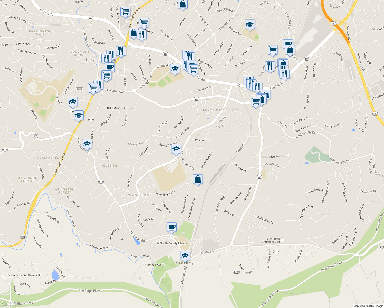 map of restaurants, bars, coffee shops, grocery stores, and more near 3365 Forest Ridge Rd in Roanoke