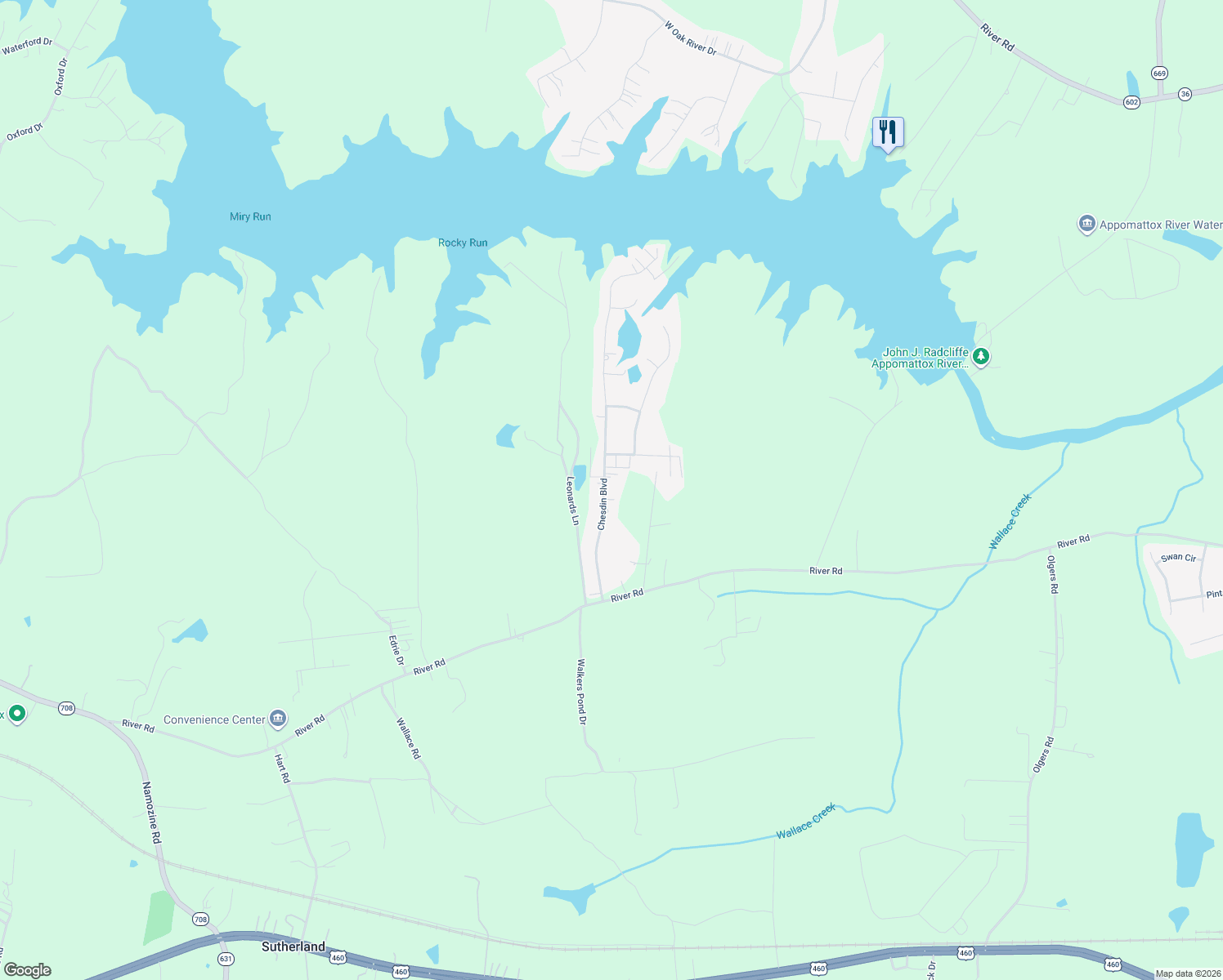 map of restaurants, bars, coffee shops, grocery stores, and more near 4113 Chesdin Boulevard in Sutherland