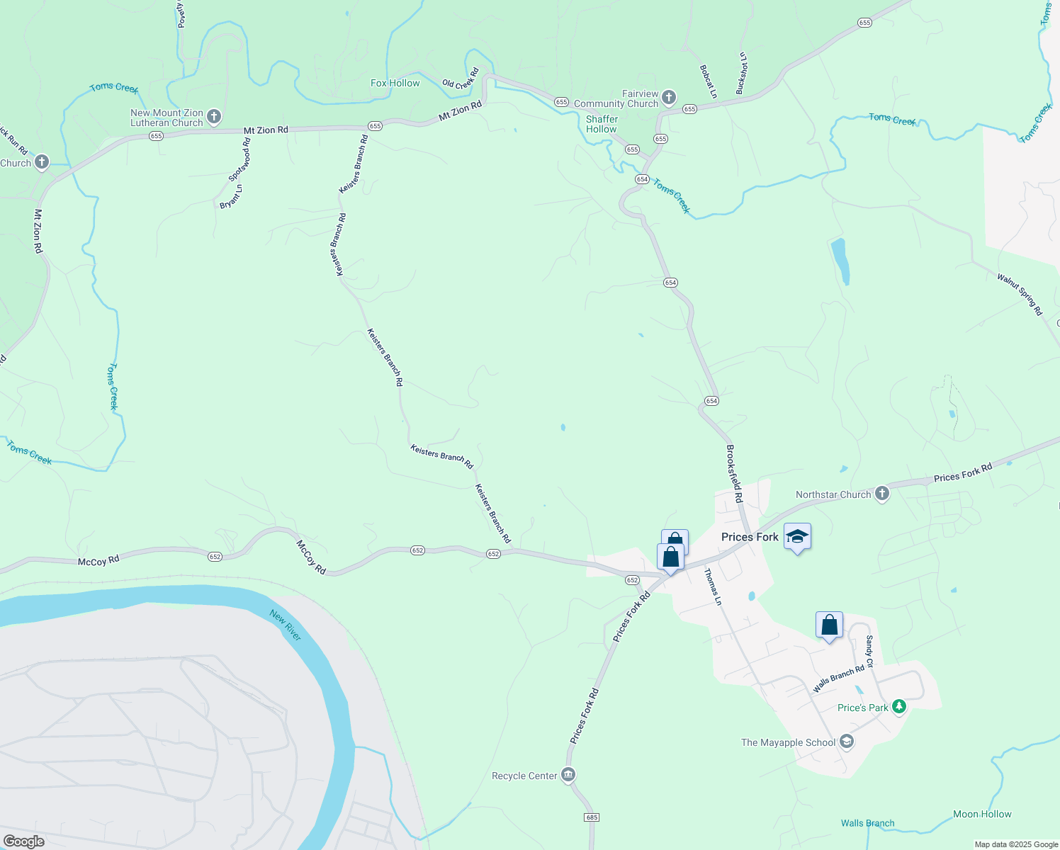 map of restaurants, bars, coffee shops, grocery stores, and more near 1732 Keisters Branch Road in Blacksburg