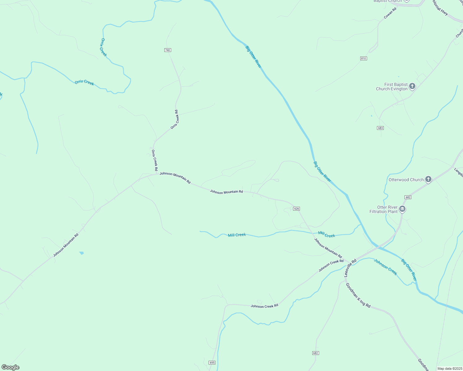 map of restaurants, bars, coffee shops, grocery stores, and more near 1065 Johnson Mountain Road in Evington