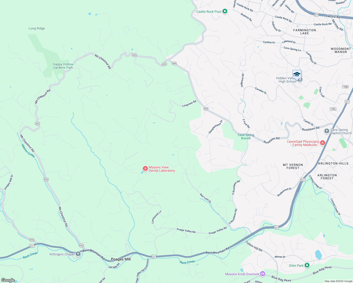 map of restaurants, bars, coffee shops, grocery stores, and more near 6361 Spring Run Drive in Roanoke