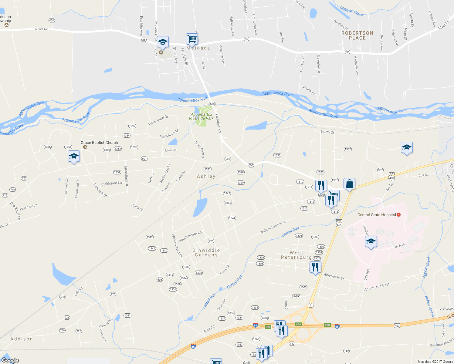 map of restaurants, bars, coffee shops, grocery stores, and more near 4112 Brooksdale Road in Petersburg