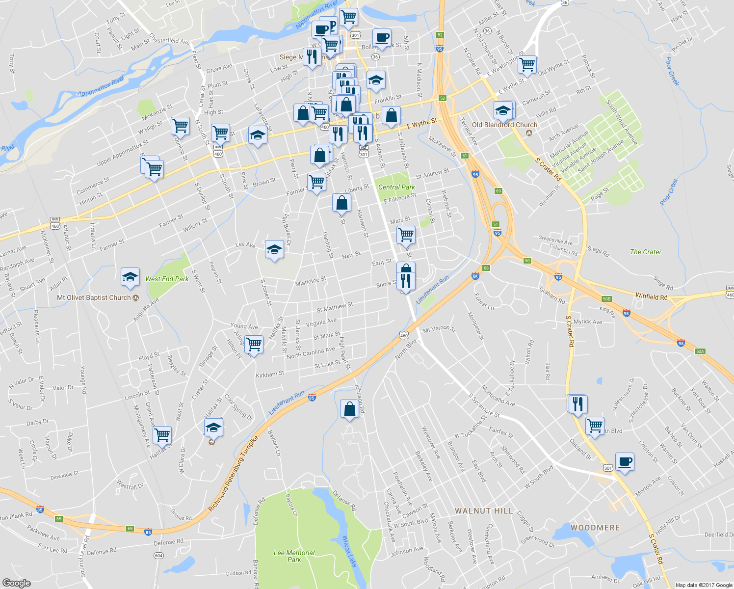map of restaurants, bars, coffee shops, grocery stores, and more near 811 Diamond Street in Petersburg