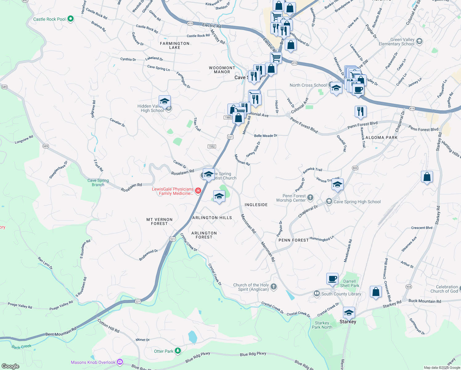 map of restaurants, bars, coffee shops, grocery stores, and more near 5240 Springlawn Avenue in Roanoke