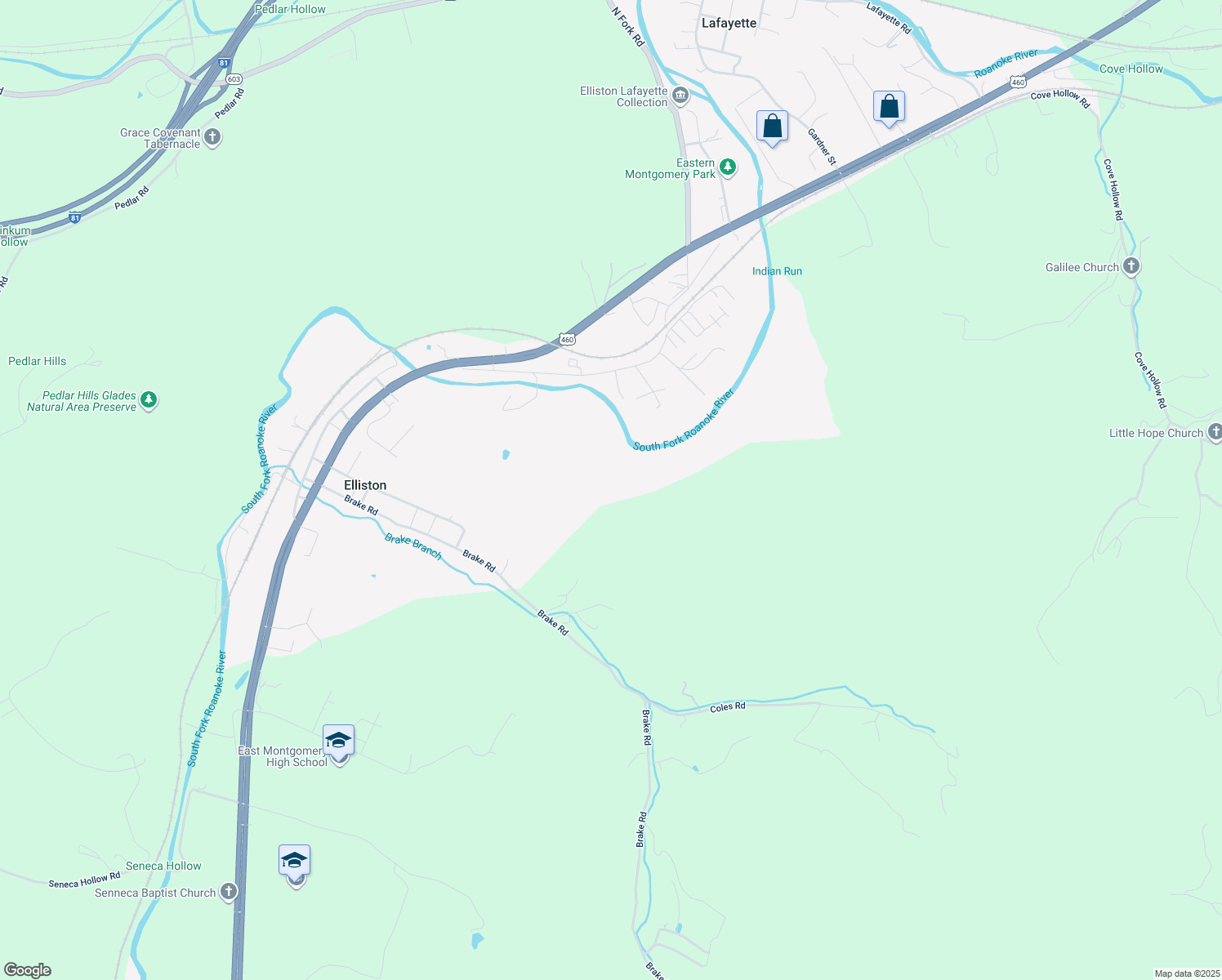 map of restaurants, bars, coffee shops, grocery stores, and more near 4643 Susannah Drive in Blacksburg
