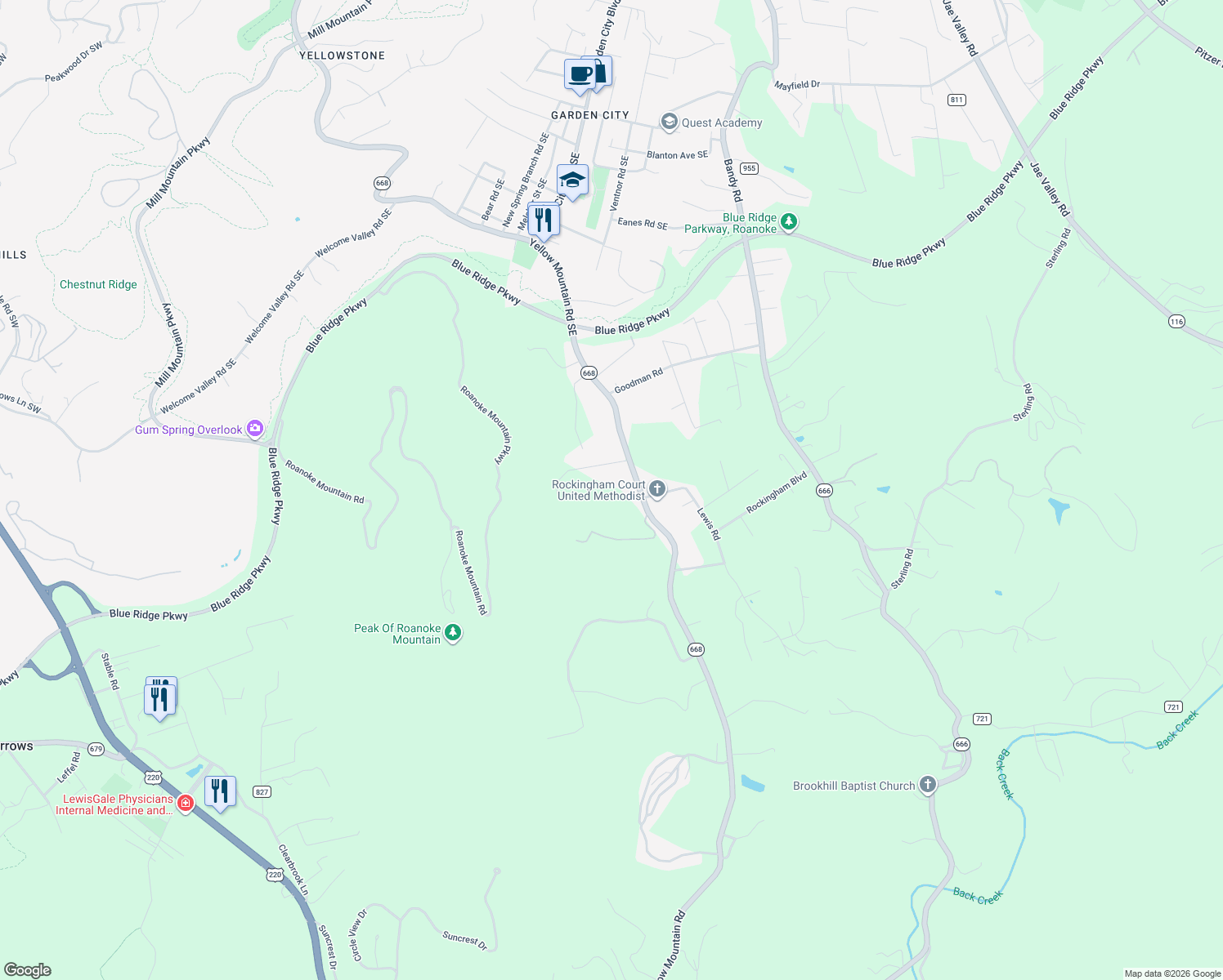 map of restaurants, bars, coffee shops, grocery stores, and more near 4527 Yellow Mountain Rd in Roanoke
