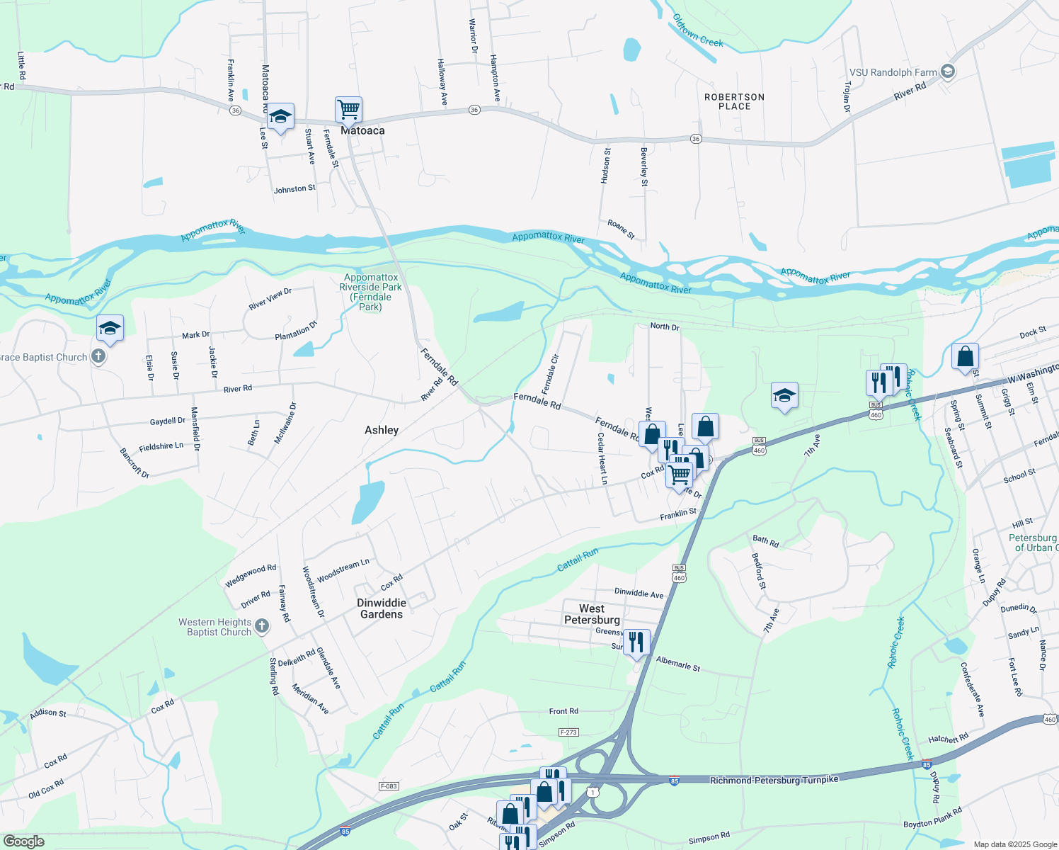 map of restaurants, bars, coffee shops, grocery stores, and more near 25329 Fulmar Circle in Petersburg