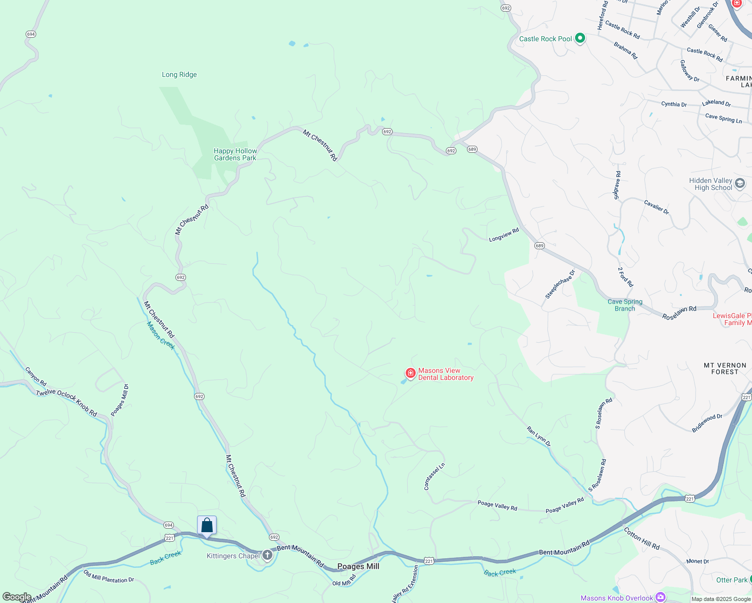 map of restaurants, bars, coffee shops, grocery stores, and more near 1574 Strawberry Mountain Drive in Roanoke