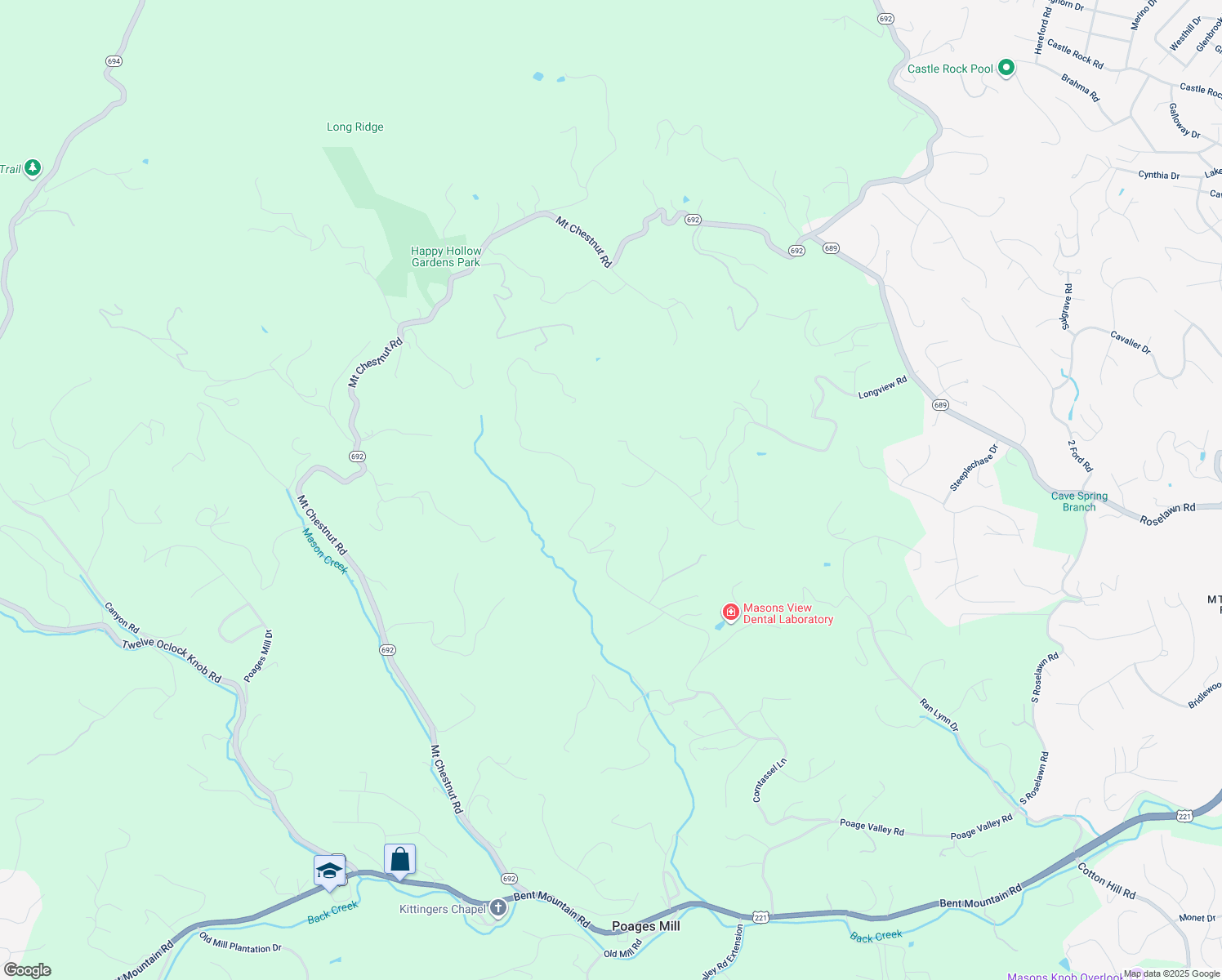 map of restaurants, bars, coffee shops, grocery stores, and more near 1624 Sunberry Circle in Roanoke