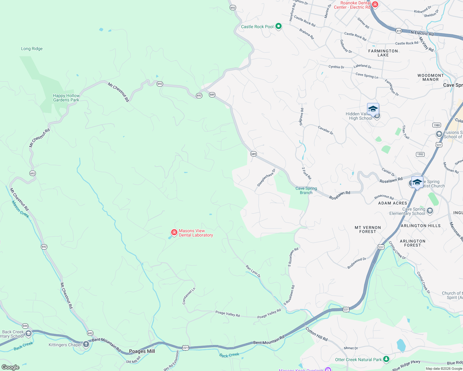 map of restaurants, bars, coffee shops, grocery stores, and more near 6208 Stratford Way in Roanoke