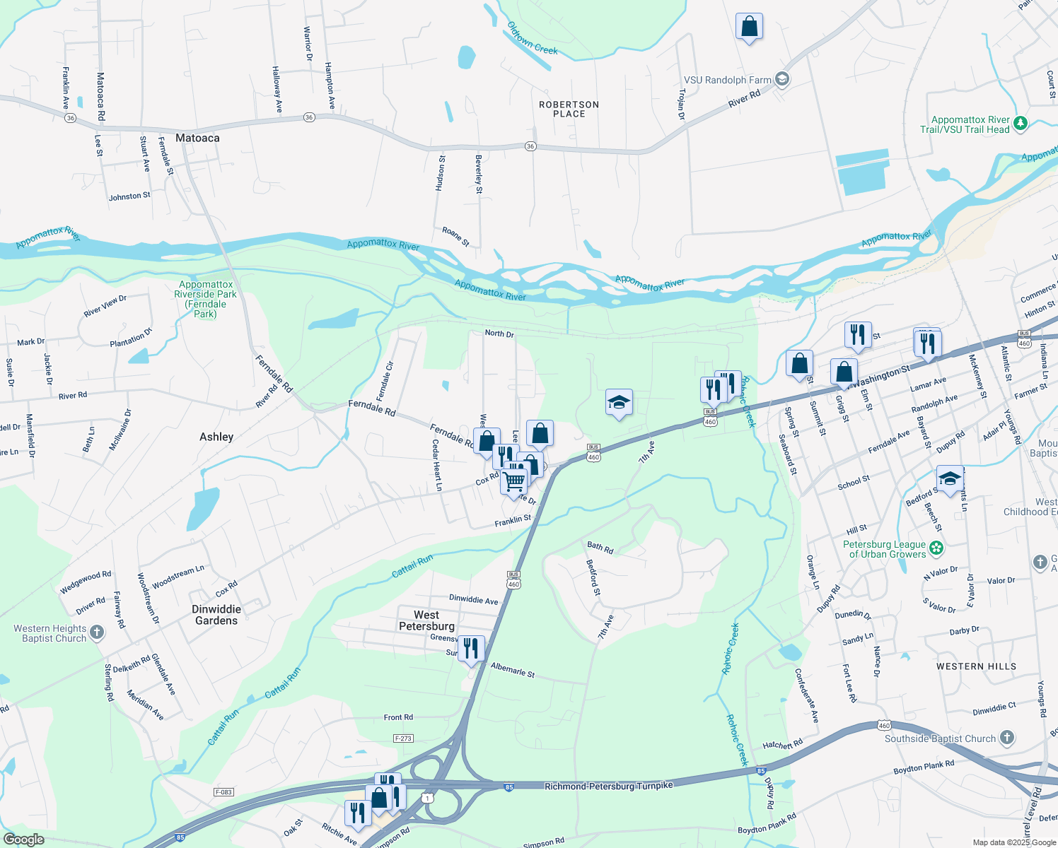 map of restaurants, bars, coffee shops, grocery stores, and more near 4019 Lee Blvd in Petersburg