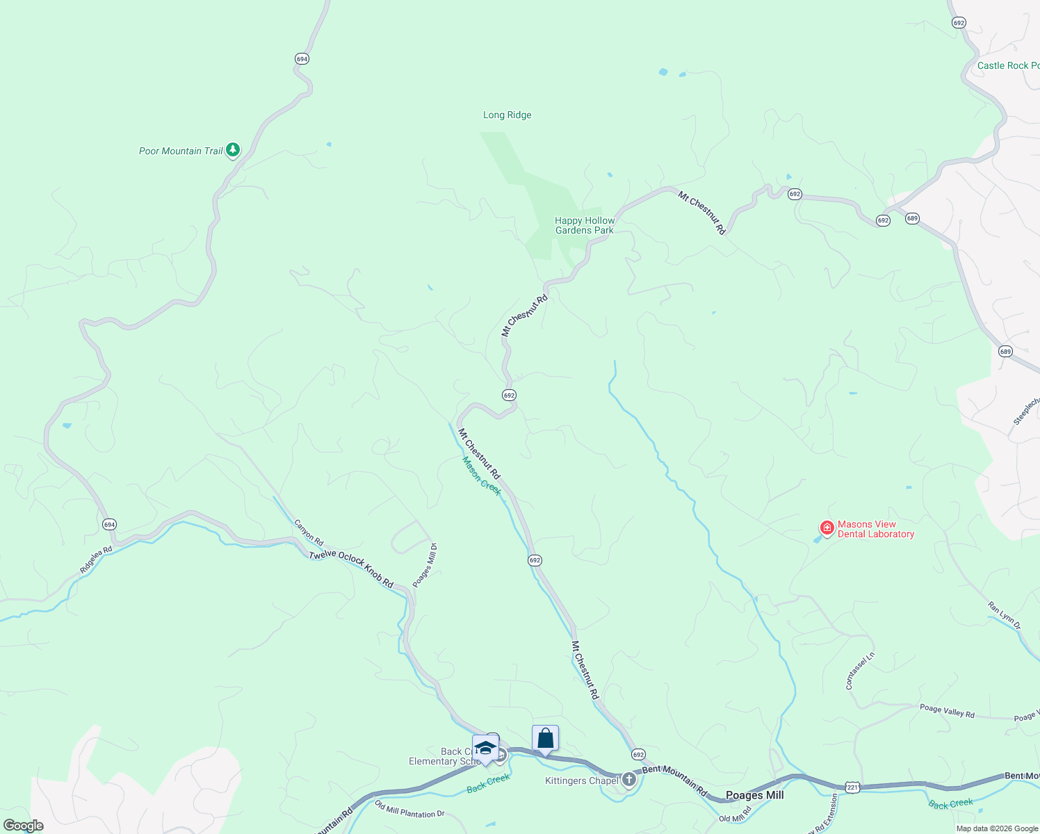 map of restaurants, bars, coffee shops, grocery stores, and more near 7030 Mount Chestnut Road in Roanoke