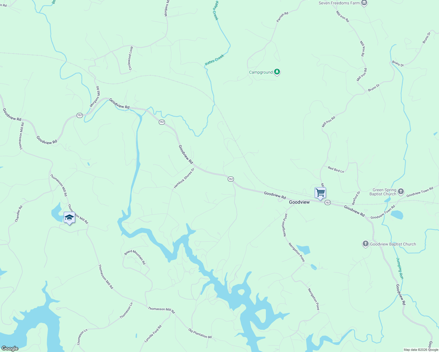 map of restaurants, bars, coffee shops, grocery stores, and more near 6857 Goodview Road in Goodview