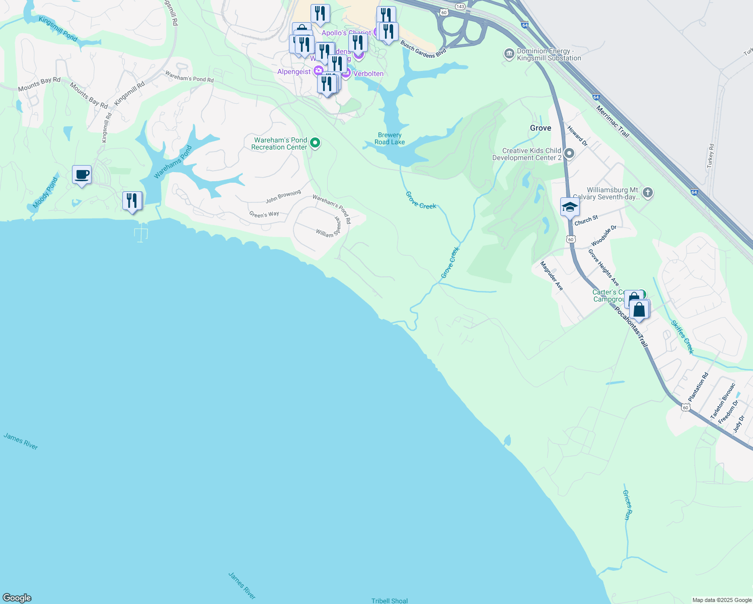 map of restaurants, bars, coffee shops, grocery stores, and more near 611 River Bluffs in Williamsburg