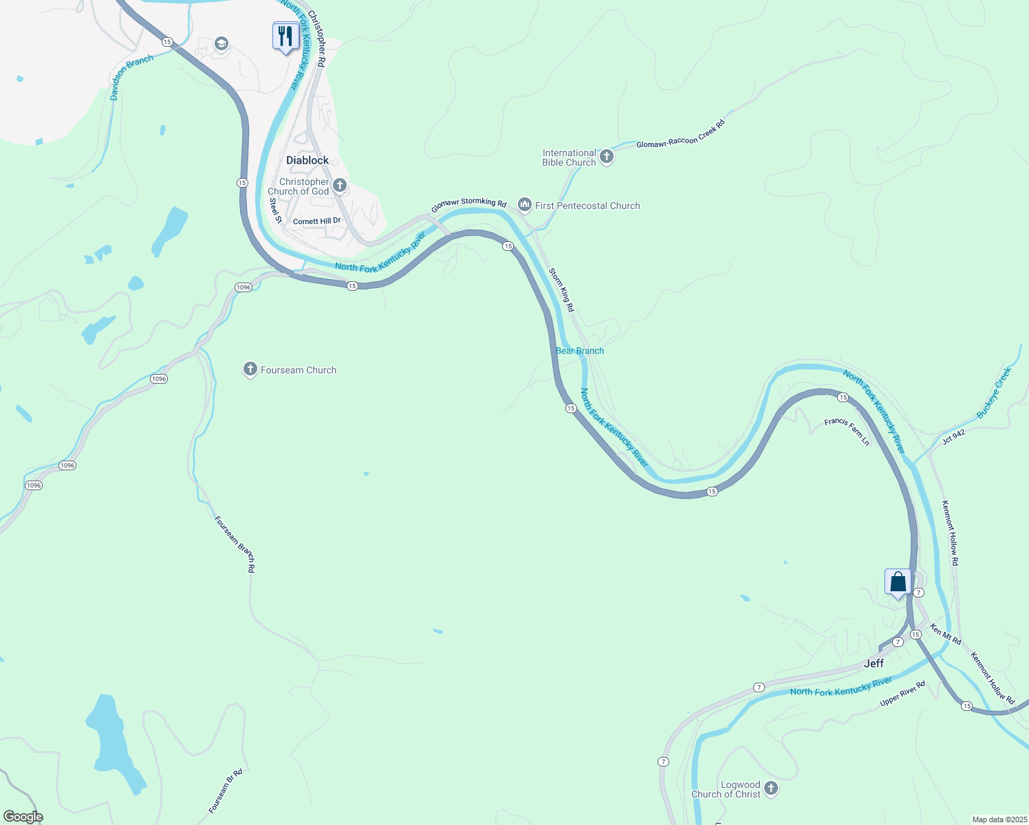 map of restaurants, bars, coffee shops, grocery stores, and more near 245 Boone Ledge Drive in Hazard