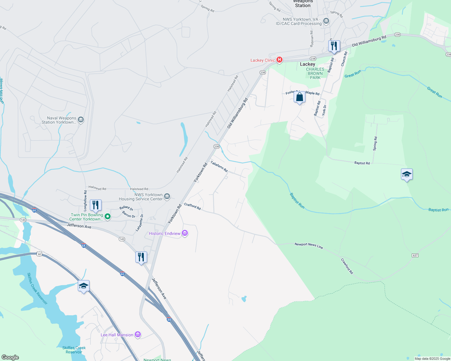 map of restaurants, bars, coffee shops, grocery stores, and more near 570 Taliaferro Road in Newport News
