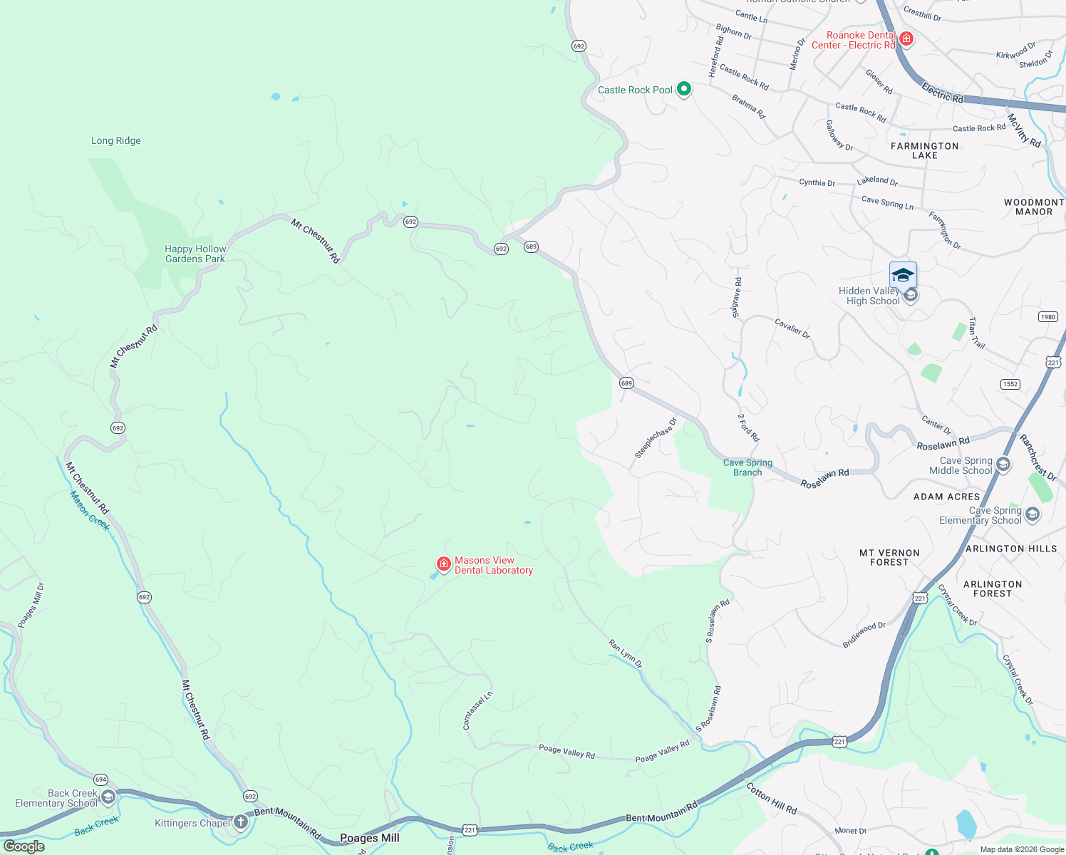 map of restaurants, bars, coffee shops, grocery stores, and more near 6260 Stratford Way in Roanoke
