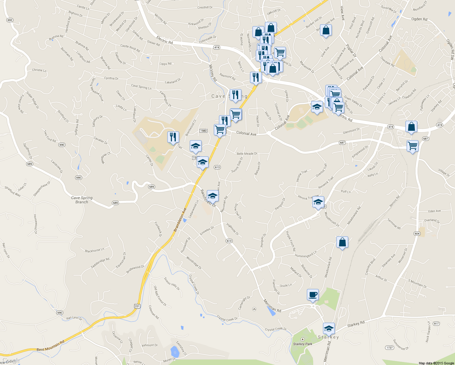 map of restaurants, bars, coffee shops, grocery stores, and more near 5202 Bradford Circle in Roanoke
