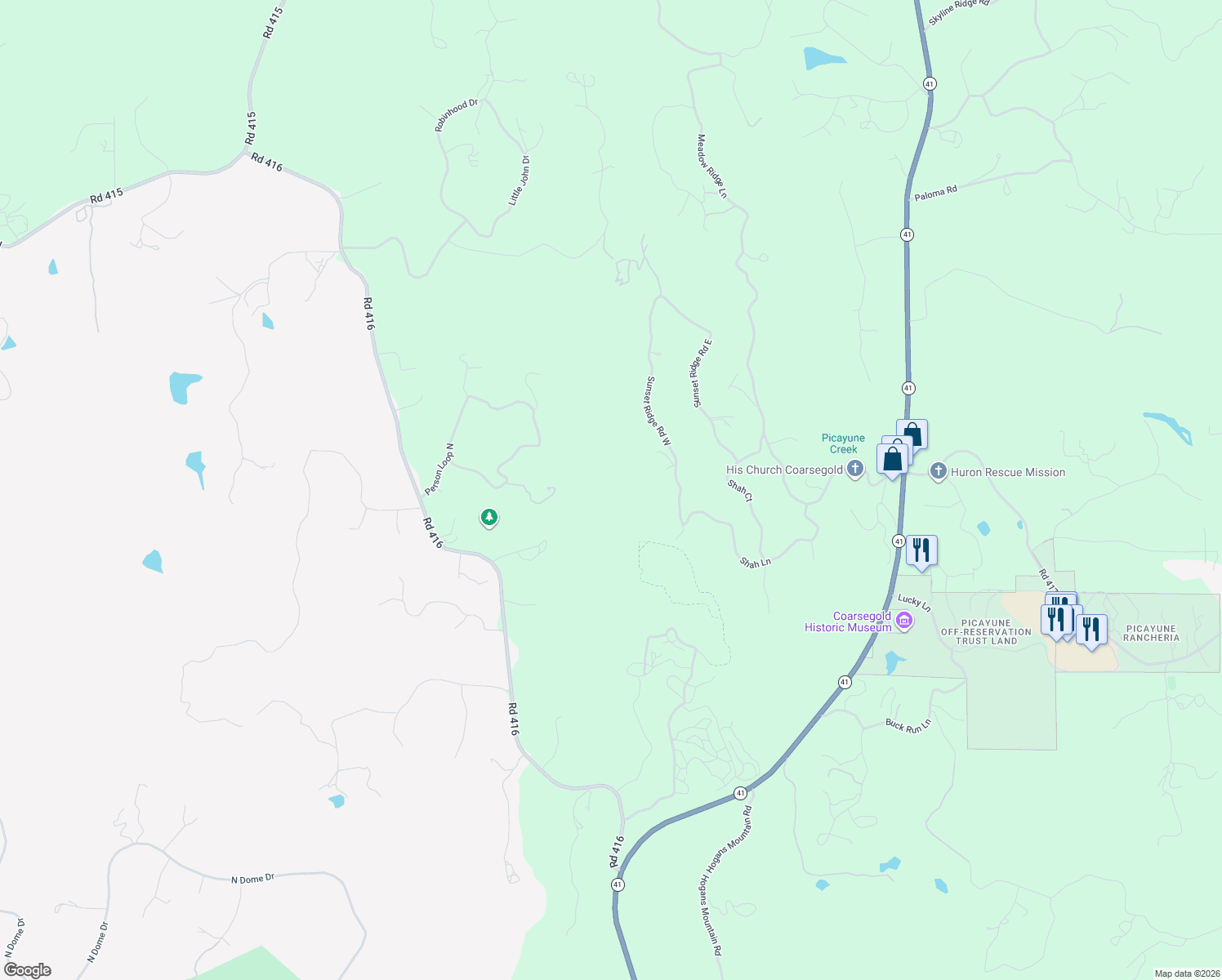 map of restaurants, bars, coffee shops, grocery stores, and more near Crystal Springs Way in Yosemite Lakes