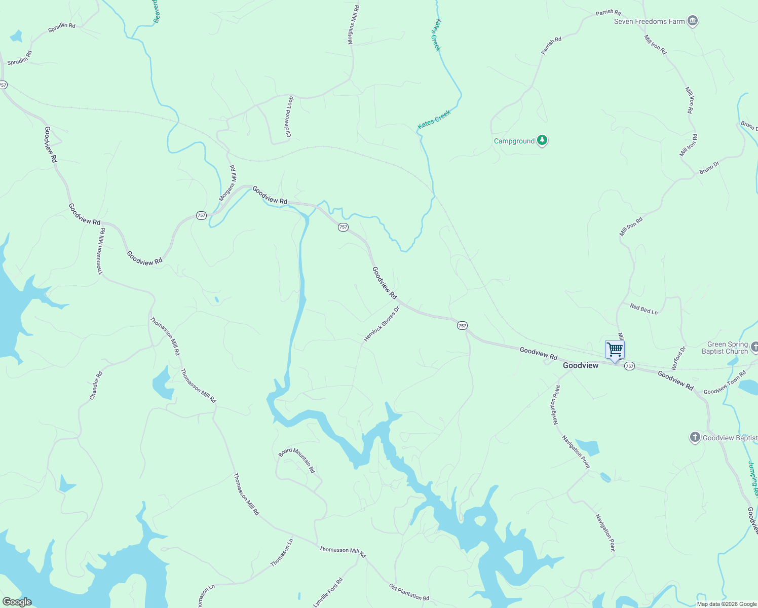 map of restaurants, bars, coffee shops, grocery stores, and more near 100-298 Ridge Drive in Goodview