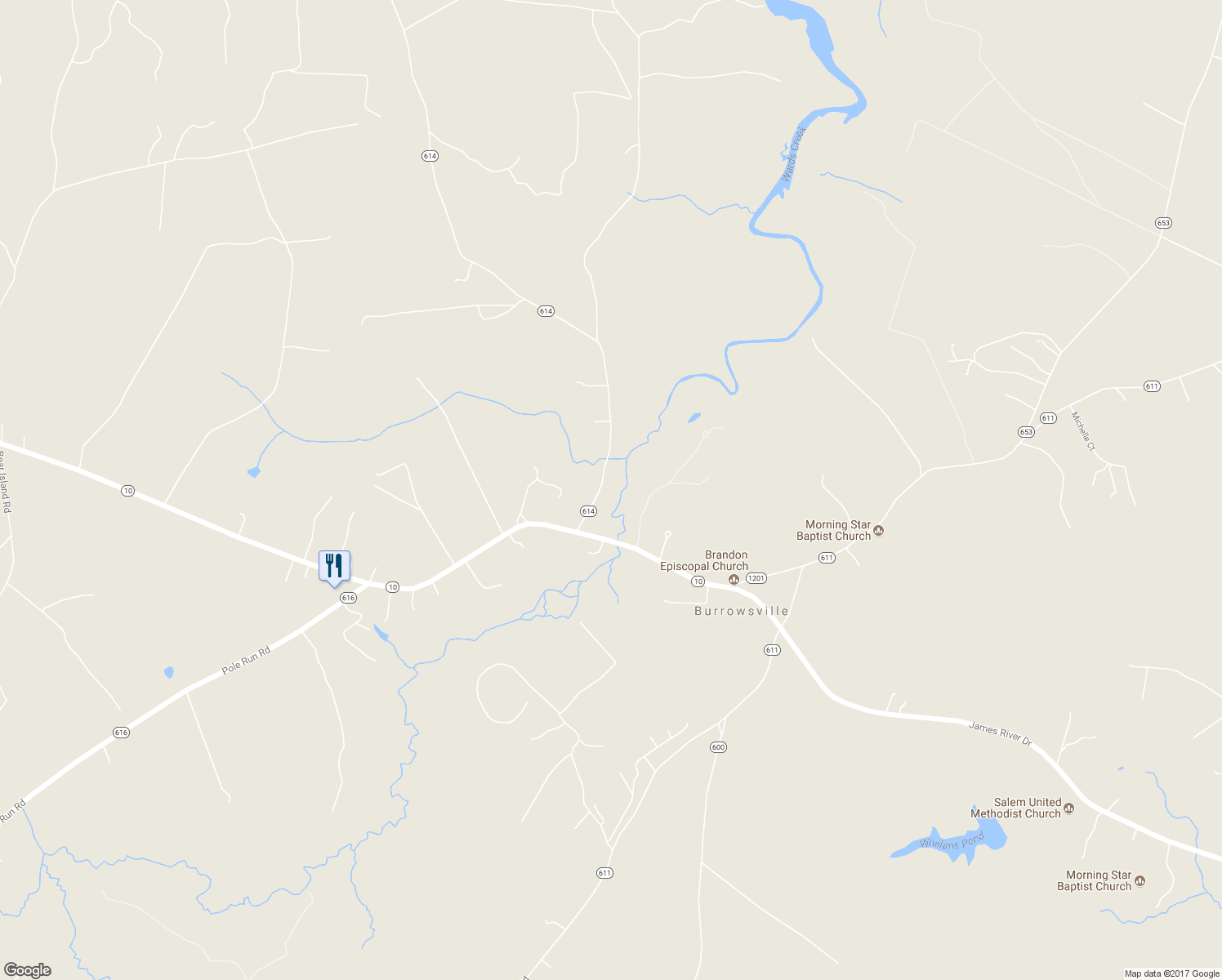 map of restaurants, bars, coffee shops, grocery stores, and more near 18330 Wards Creek Road in Disputanta