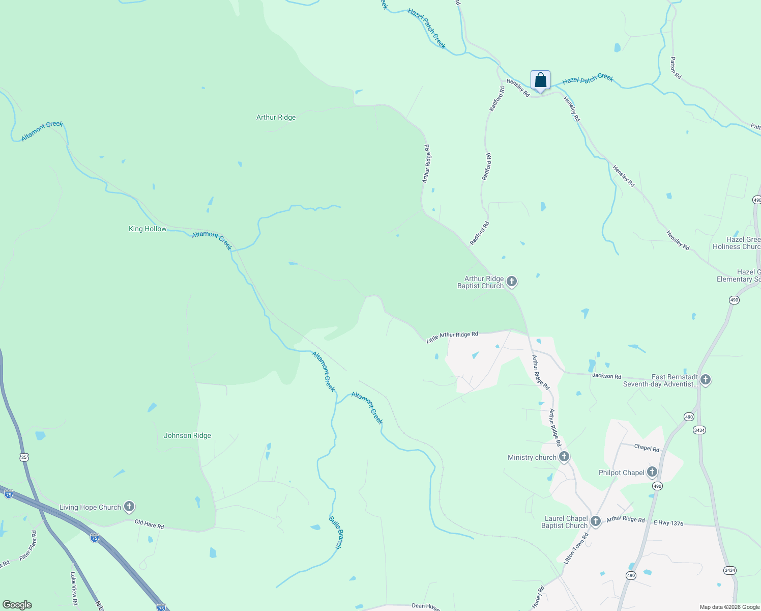 map of restaurants, bars, coffee shops, grocery stores, and more near 851 Little Arthur Ridge Road in East Bernstadt