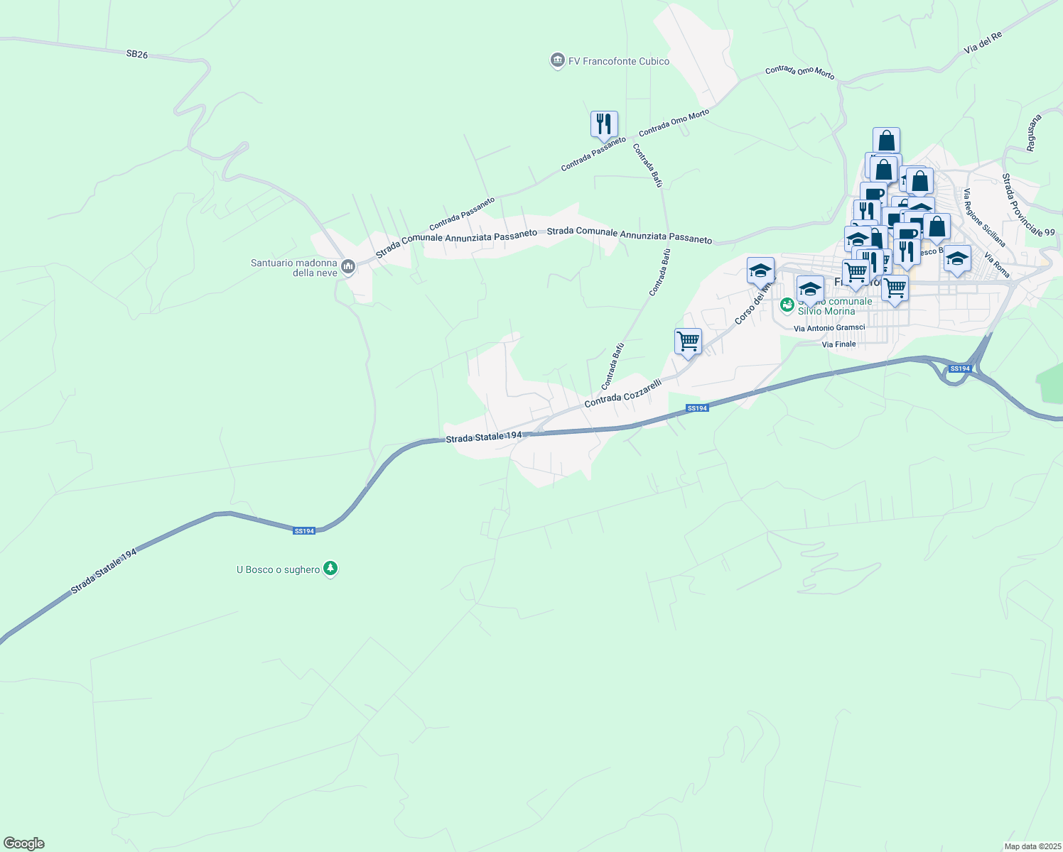 map of restaurants, bars, coffee shops, grocery stores, and more near Contrada Cozzarelli in Province of Syracuse