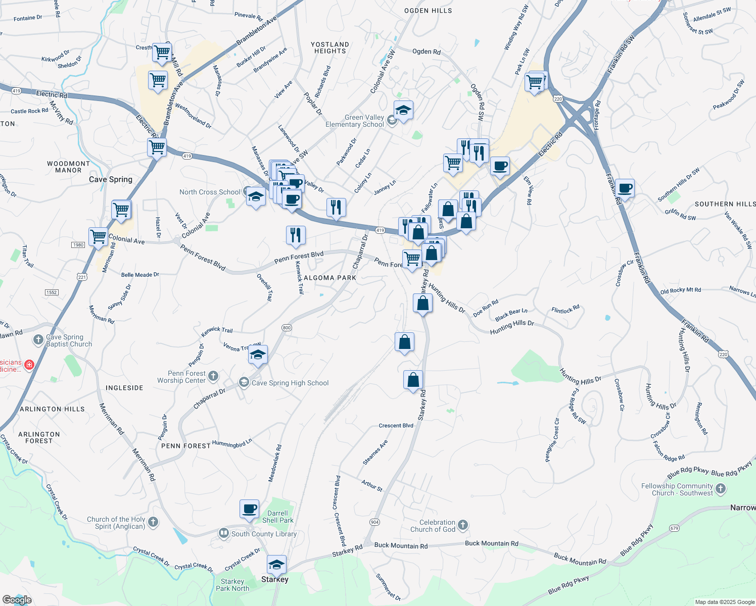 map of restaurants, bars, coffee shops, grocery stores, and more near 3380 Londonderry Lane in Cave Spring