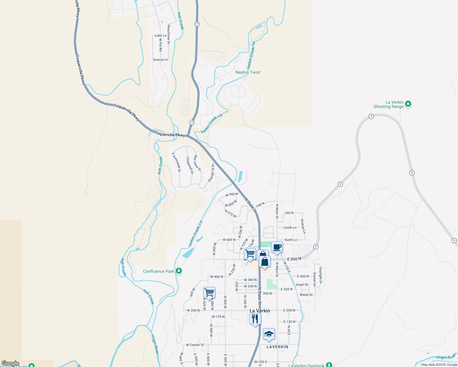 map of restaurants, bars, coffee shops, grocery stores, and more near 987 North State Street in La Verkin