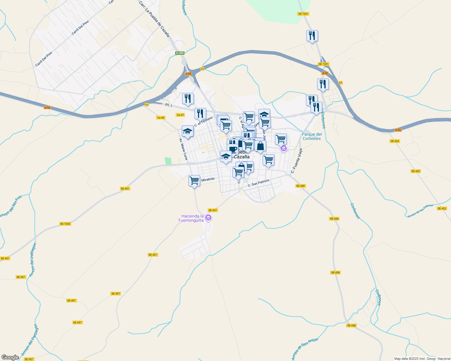 map of restaurants, bars, coffee shops, grocery stores, and more near 42 Calle Virgen de Fátima in La Puebla de Cazalla