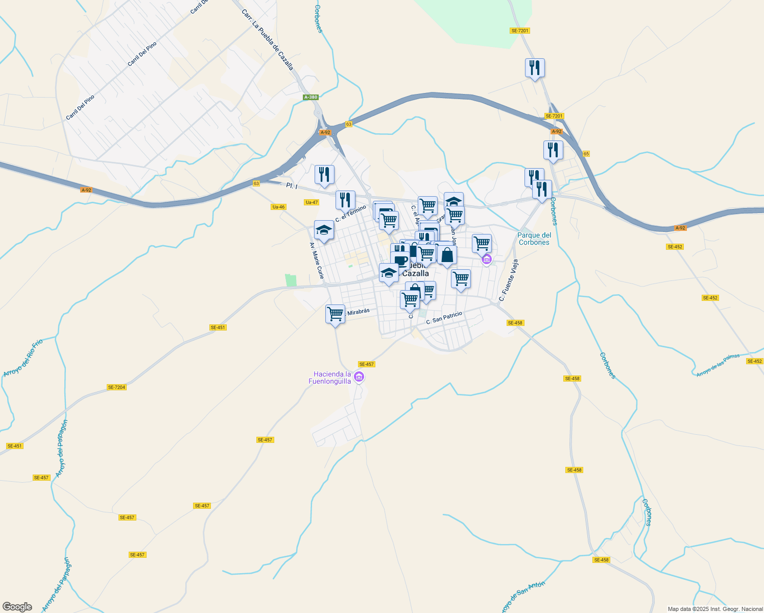 map of restaurants, bars, coffee shops, grocery stores, and more near Calle Doctor Marroyo in La Puebla de Cazalla