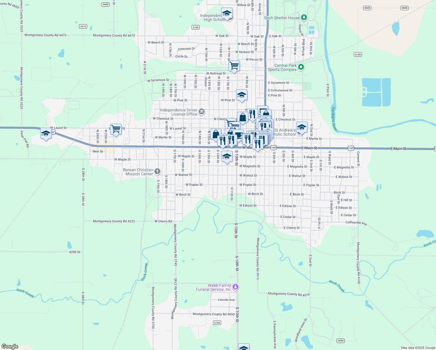map of restaurants, bars, coffee shops, grocery stores, and more near 398 S 12th St in Independence