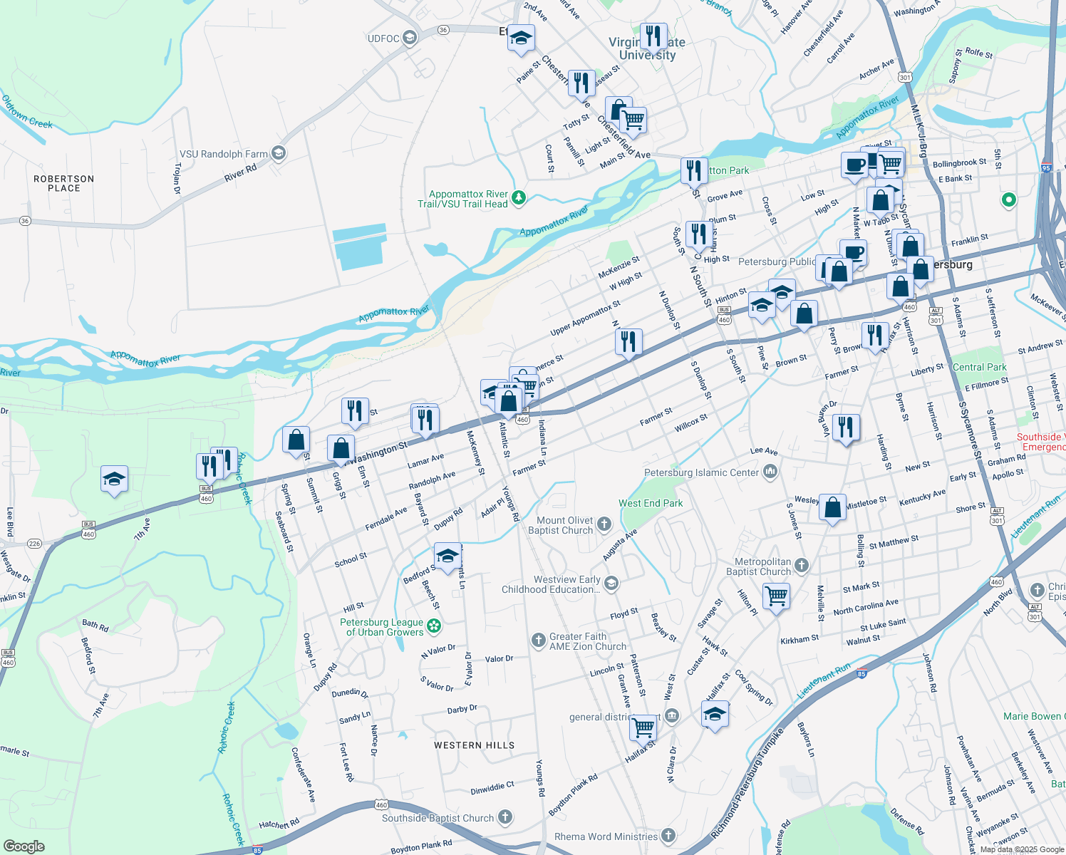 map of restaurants, bars, coffee shops, grocery stores, and more near 1421 Oakdale Avenue in Petersburg