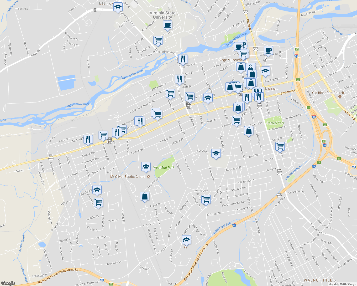 map of restaurants, bars, coffee shops, grocery stores, and more near 936 Wilcox Street in Petersburg