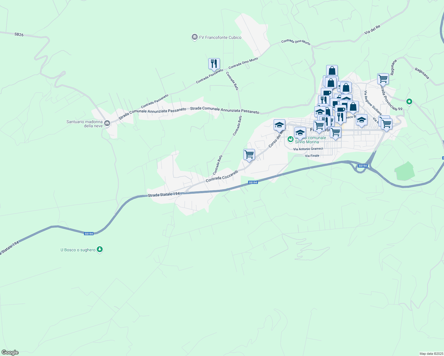 map of restaurants, bars, coffee shops, grocery stores, and more near Contrada Cozzarelli in Province of Syracuse