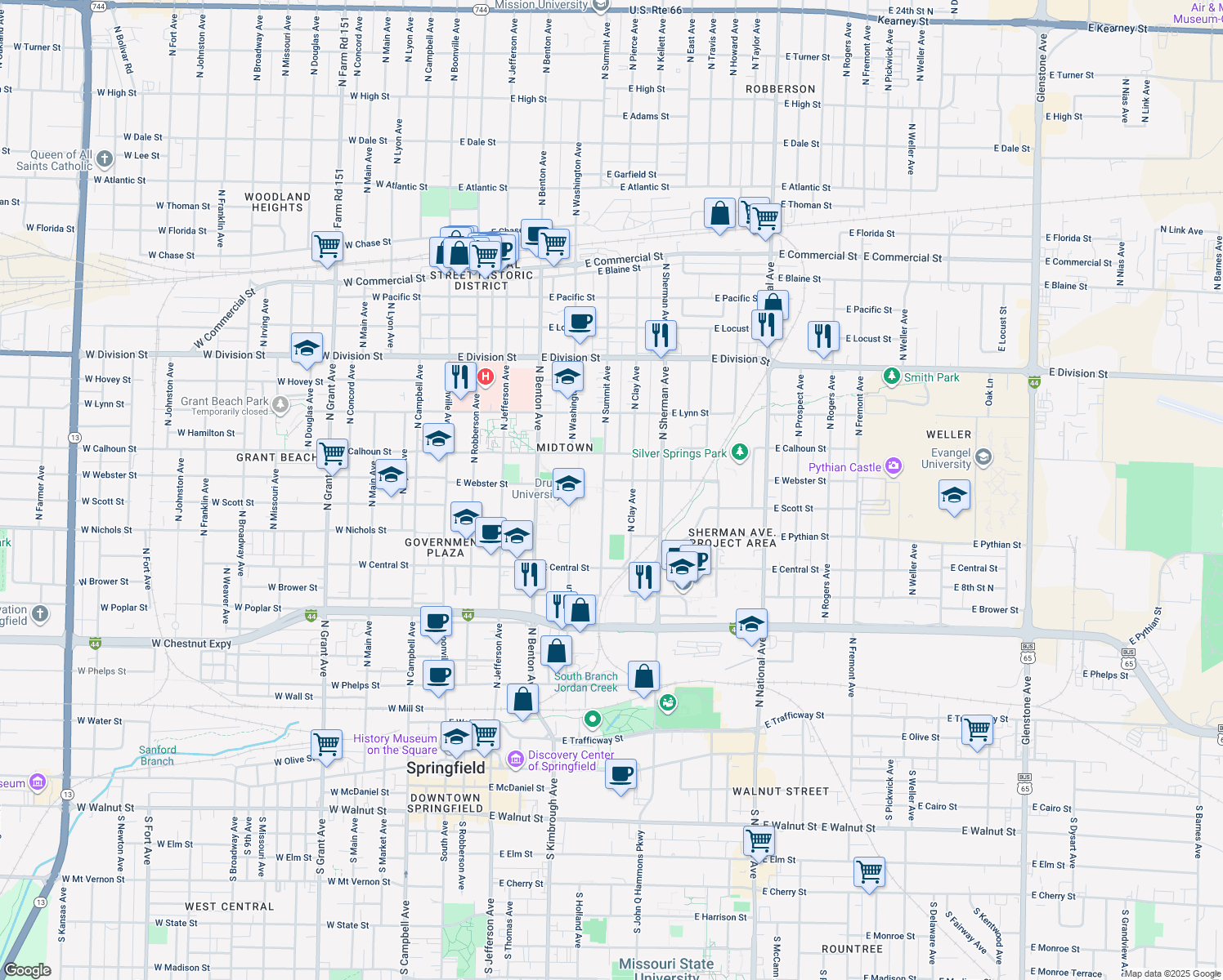 map of restaurants, bars, coffee shops, grocery stores, and more near 1126 North Summit Avenue in Springfield