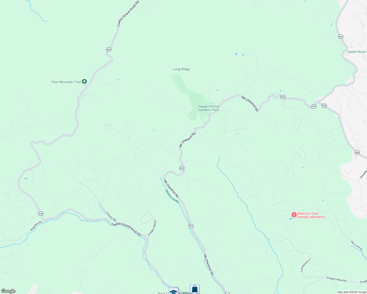 map of restaurants, bars, coffee shops, grocery stores, and more near 6878 Mount Chestnut Road in Roanoke