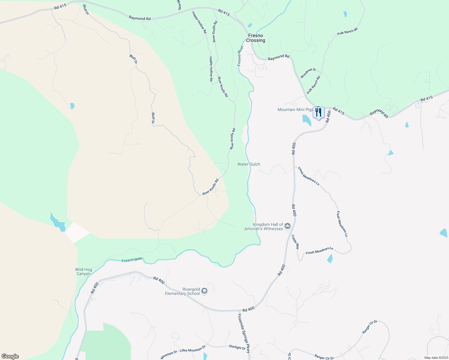 map of restaurants, bars, coffee shops, grocery stores, and more near 32519 River Knolls Road in Coarsegold