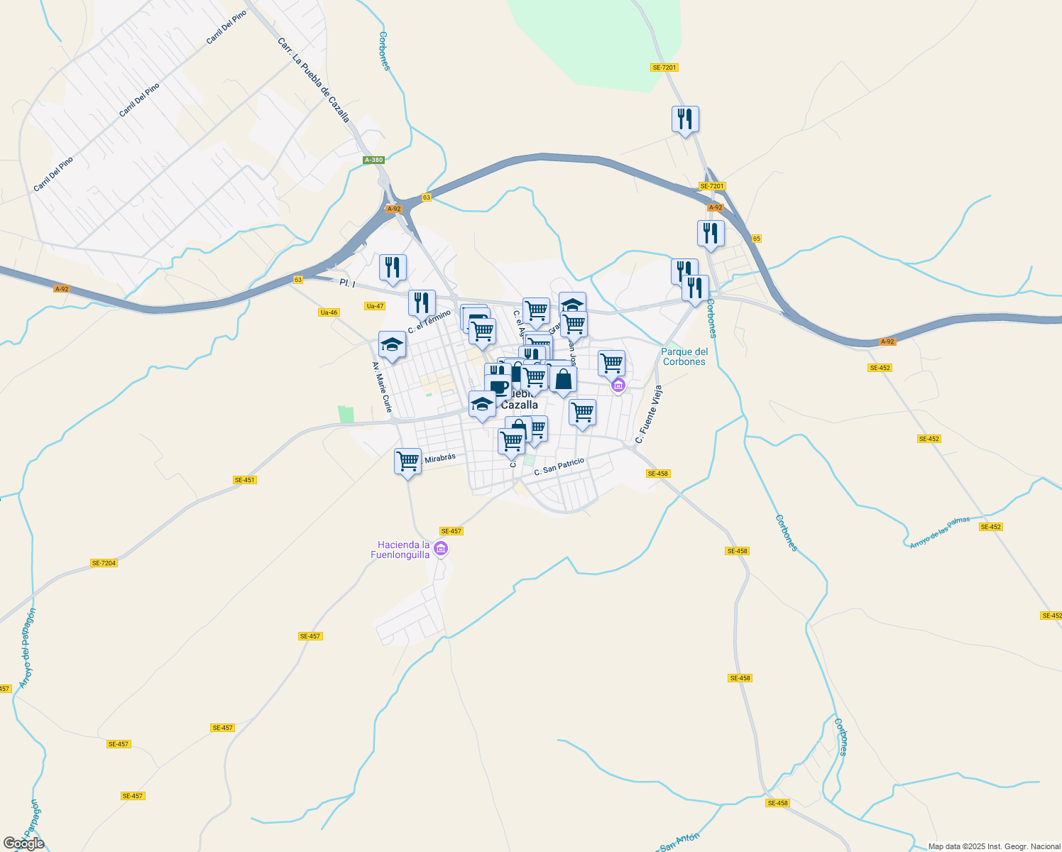 map of restaurants, bars, coffee shops, grocery stores, and more near 39 Calle la Luna in La Puebla de Cazalla