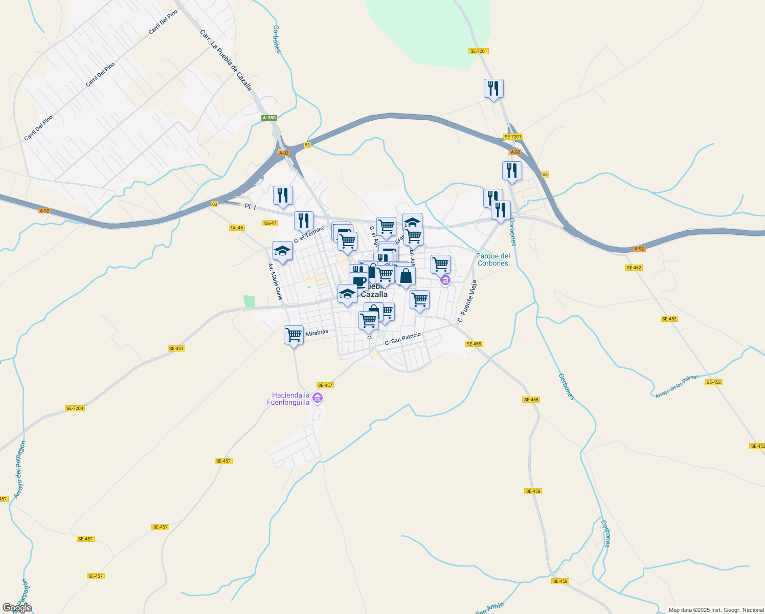 map of restaurants, bars, coffee shops, grocery stores, and more near 39 Calle la Luna in La Puebla de Cazalla