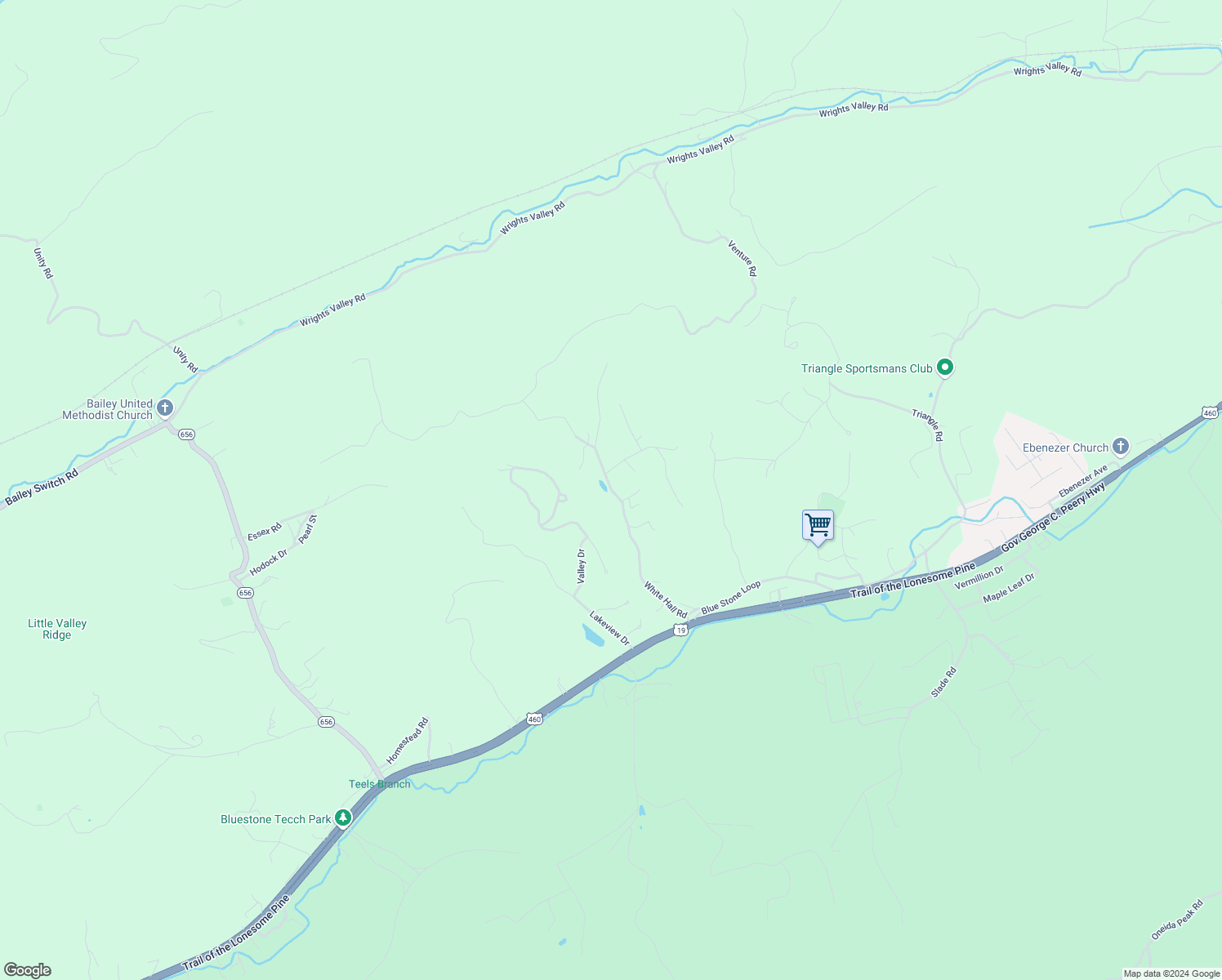 map of restaurants, bars, coffee shops, grocery stores, and more near White Hall Road in Tazewell County