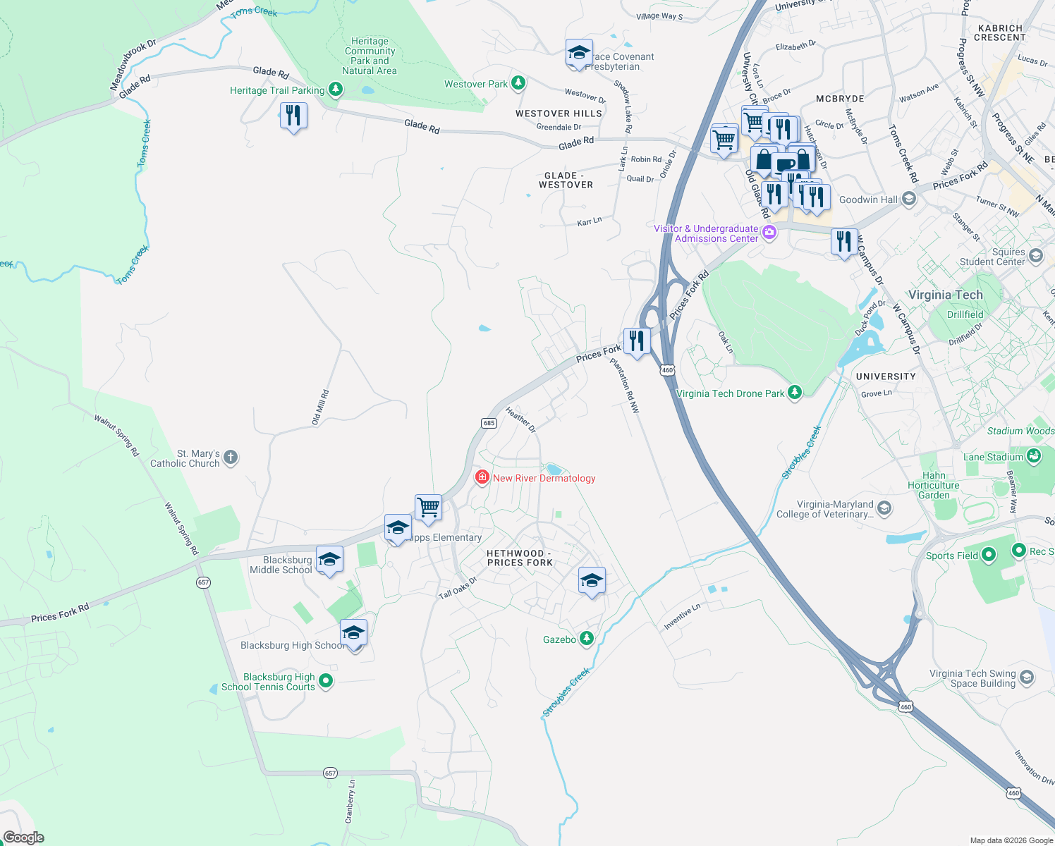 map of restaurants, bars, coffee shops, grocery stores, and more near 1070 Heather Drive in Blacksburg