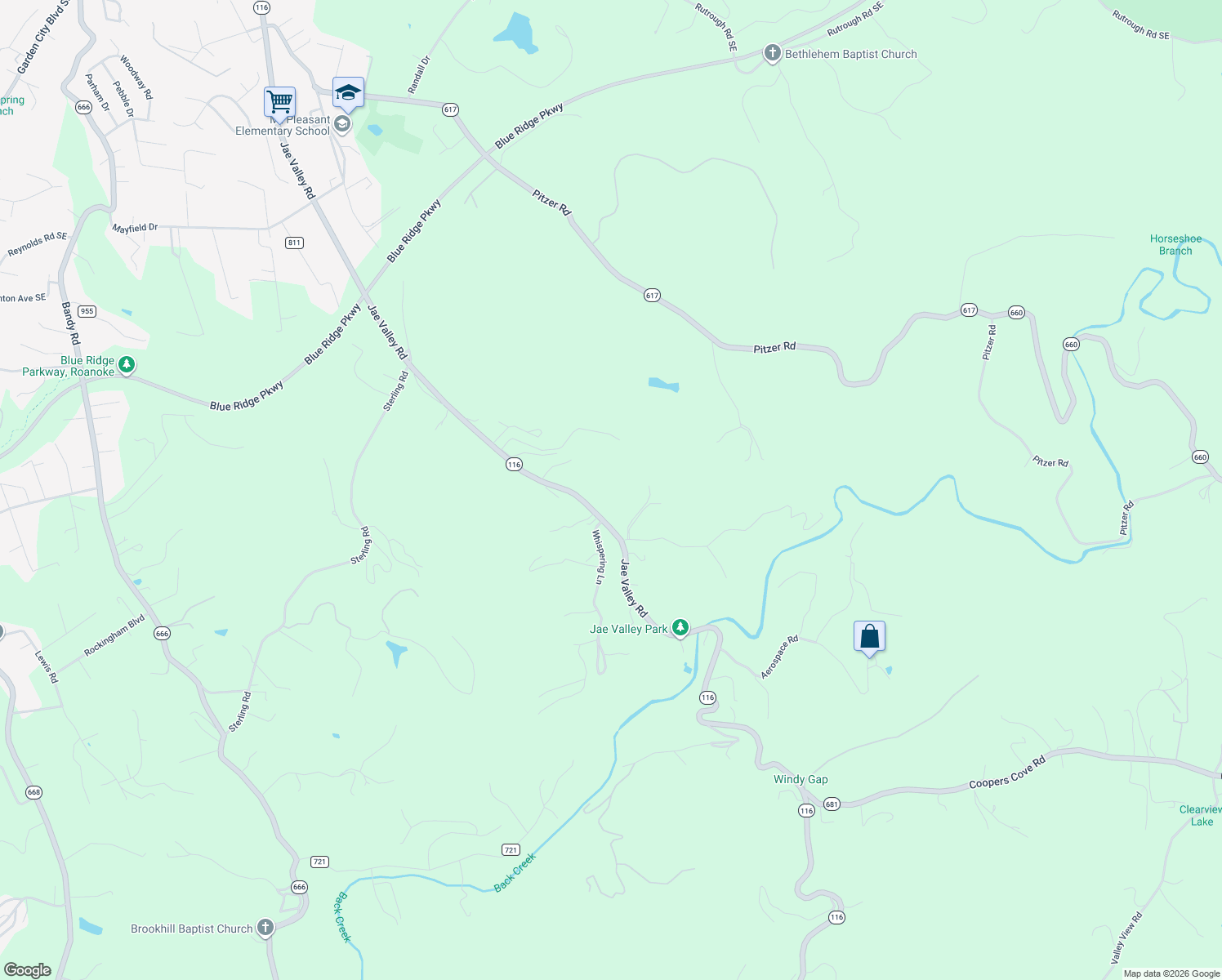 map of restaurants, bars, coffee shops, grocery stores, and more near 3656 Jae Valley Road in Roanoke