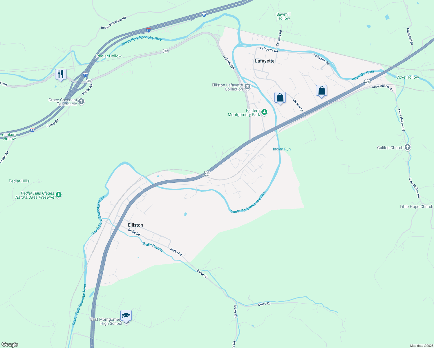 map of restaurants, bars, coffee shops, grocery stores, and more near 9694 Roanoke Road in Elliston